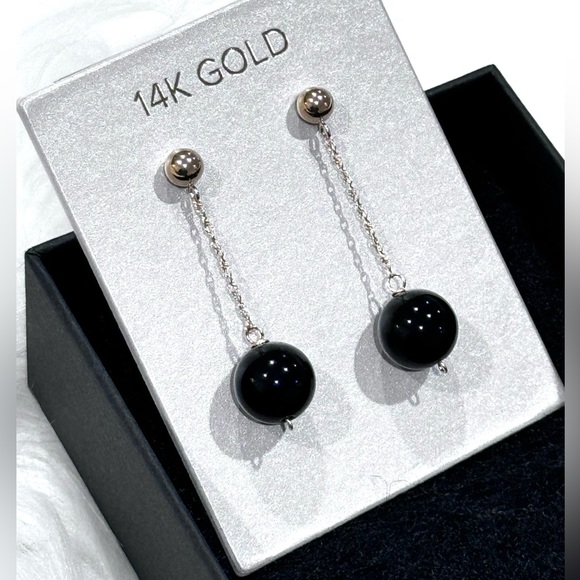 Brand New 14k Yellow Gold Earrings with dangling Obsidian - Picture 1 of 5